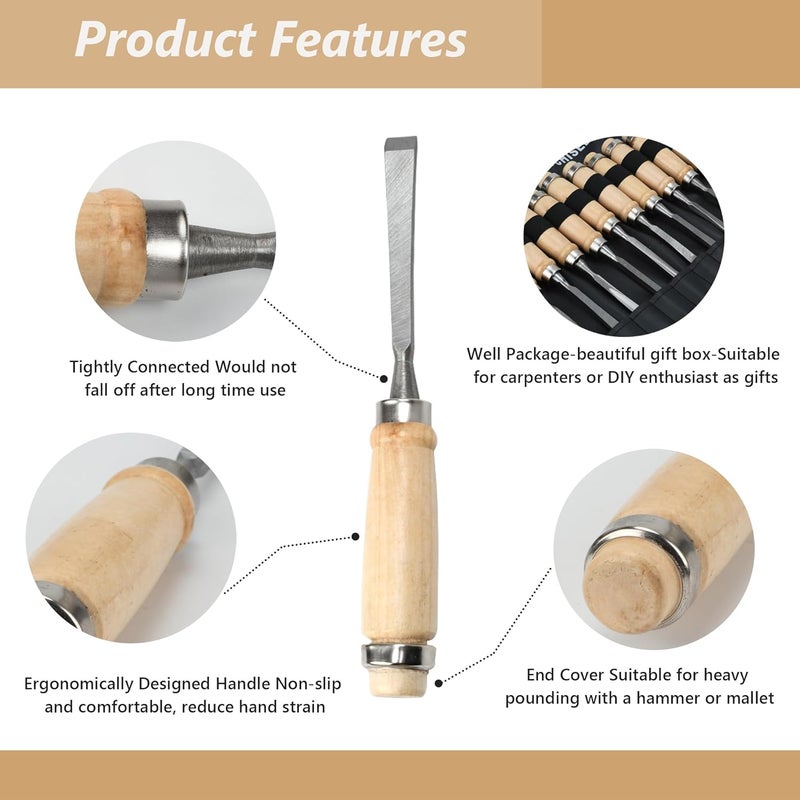 MFBJXC 12 Pieces Wood Chisel Set,Home Wood Carving Tools With Steel Hammer End, Professional Wood Gouge Turning Tools For Craftsman Carpenter Beginners, For Precision Carving & Diy Projects - Image 5